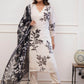 Floral Printed Thread Work V-Neck Straight Kurta With Trousers & Dupatta