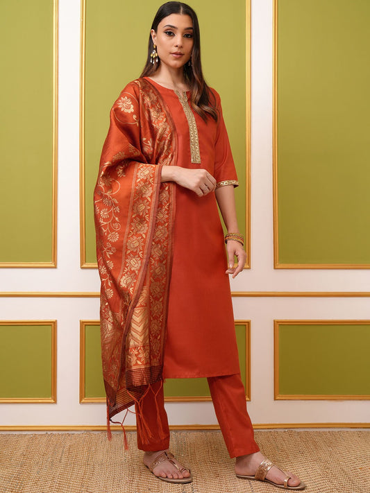 Rust Orange Round Neck Embellished Straight Kurta & Trouser With Dupatta