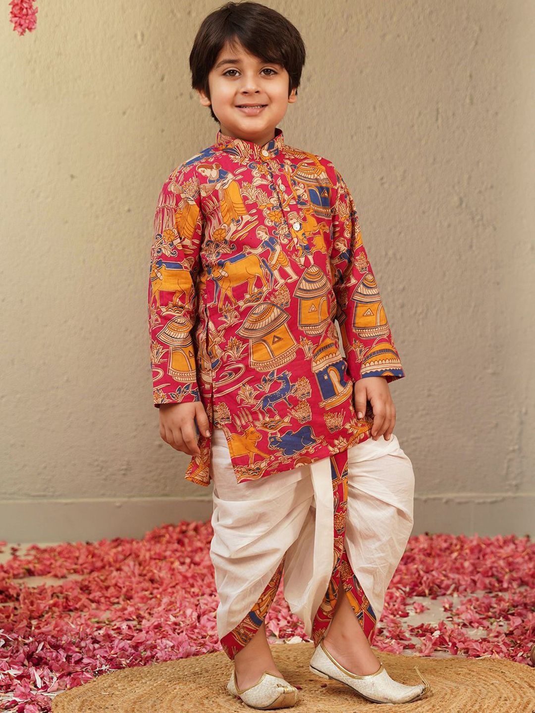 Boys Pink Ethnic Motifs Printed Pure Cotton Kurta With Dhoti Pants Set