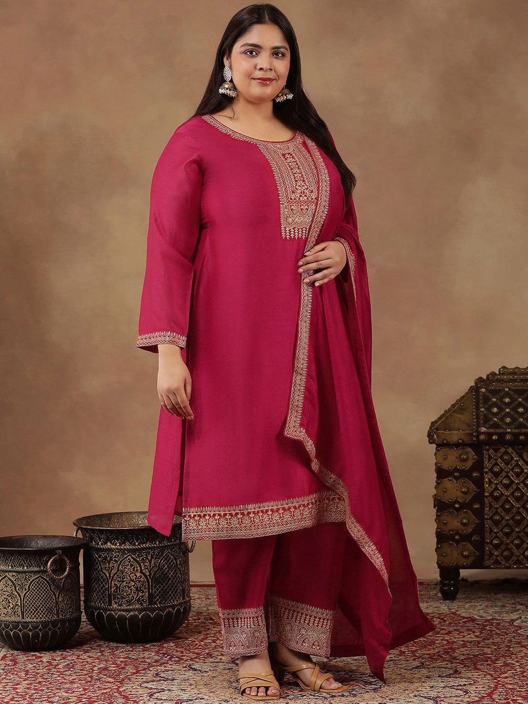 Plus Size Ethnic Motifs Embroidered Thread Work Kurta Trousers & With Dupatta