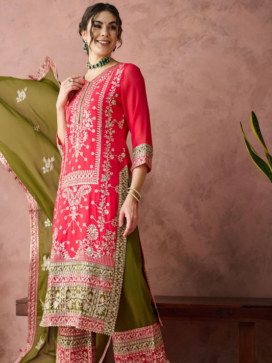 Women Floral Embroidered Sequinned Georgette Kurta With Palazzo & Dupatta