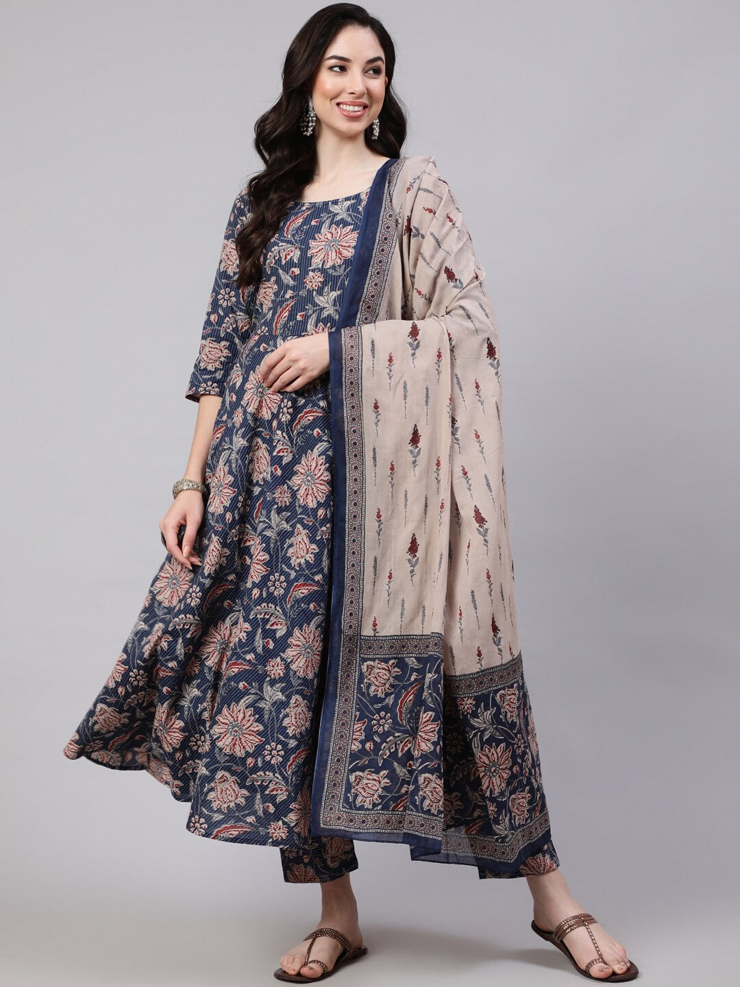 Floral Printed Pure Cotton Kurta with Trousers & Dupatta