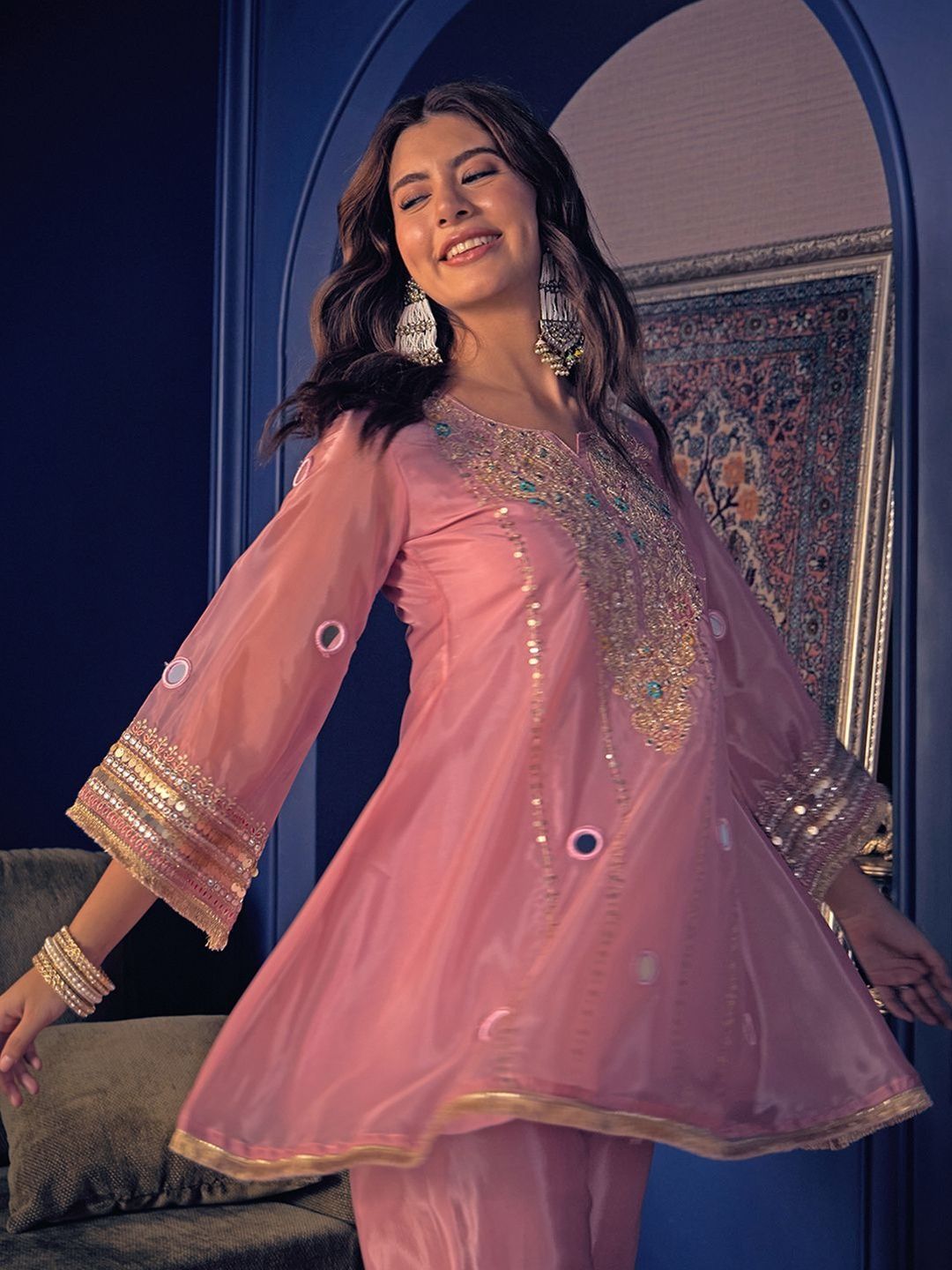 Embroidered Zari Mirror Work Ethnic Motifs Empire Kurta Trouser Set