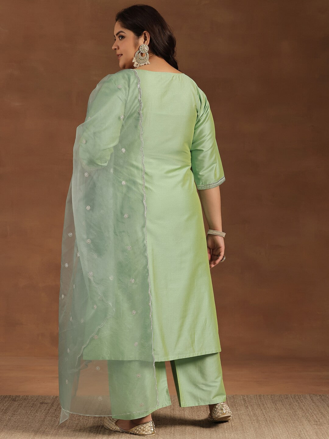 Plus Size Floral Embroidered Sequinned Kurta ,Palazzos & Dupatta