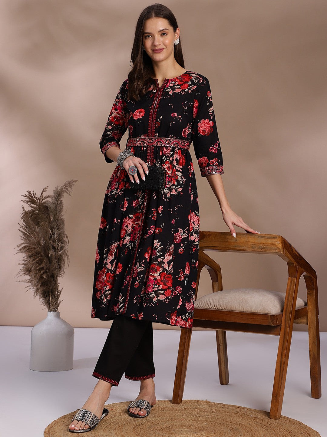 Black Floral Printed Sequinned Detailed Pure Cotton A-Line Kurta With Trouser