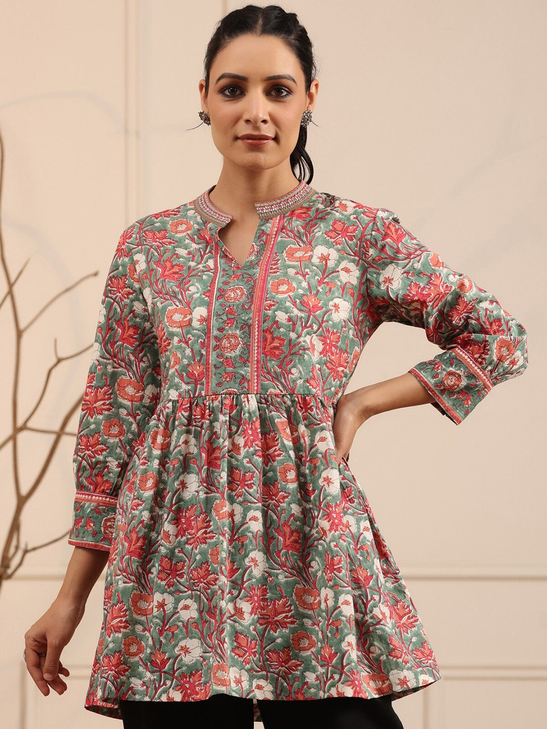 Floral Printed Pure Cotton Pleated Kurti