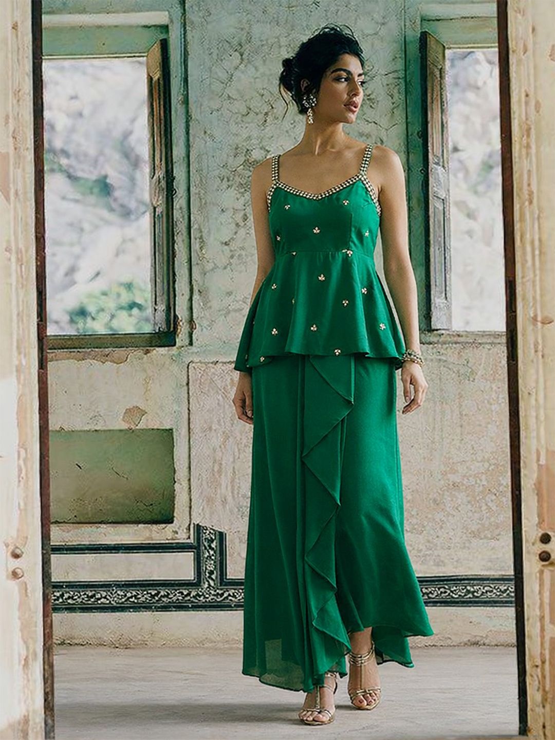 Women Shadow Work Embellished Top with Palazzos