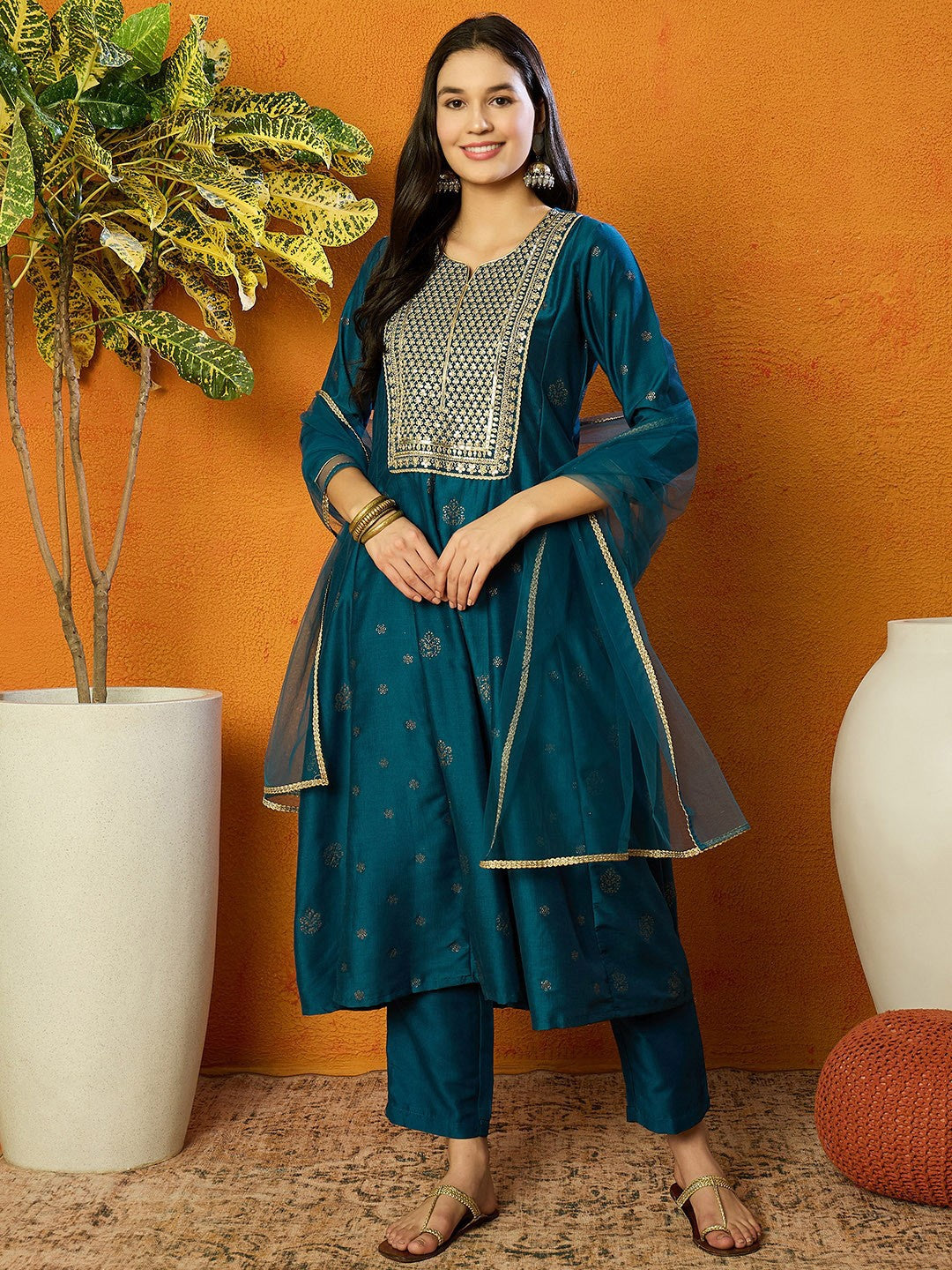 Floral Embroidered Empire Sequinned Kurta with Palazzos & Dupatta