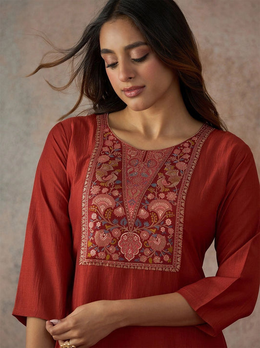 Women Orange Silk Blend Jacquard Woven Kurta with Trousers