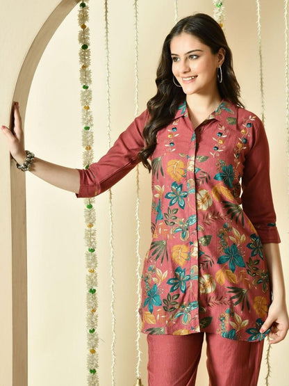 Women Bohemian Embroidered Top with Trousers Co-ords Set