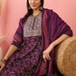 Burgundy Floral Printed Thread Work Anarkali Kurta With Trouser & Dupatta