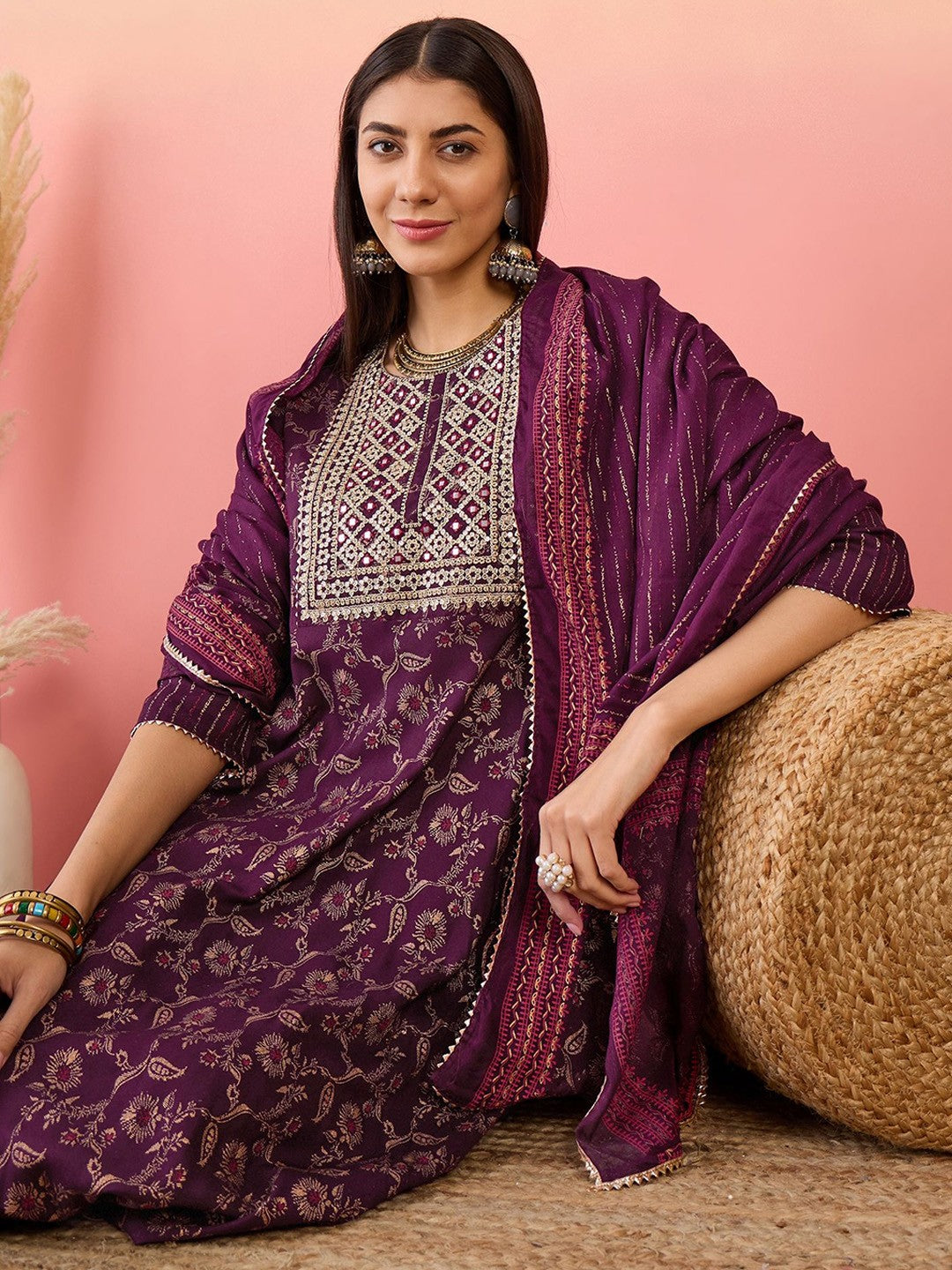 Burgundy Floral Printed Thread Work Anarkali Kurta With Trouser & Dupatta