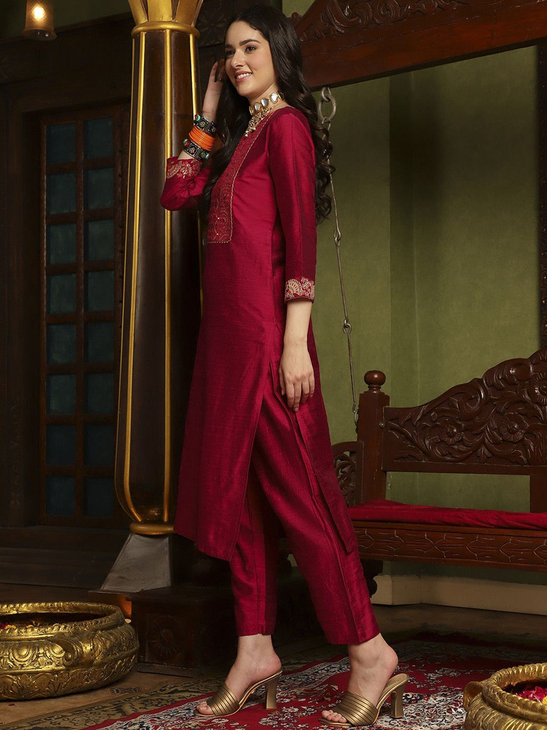 Embroidered Round-Neck Kurta With Trouser & Dupatta