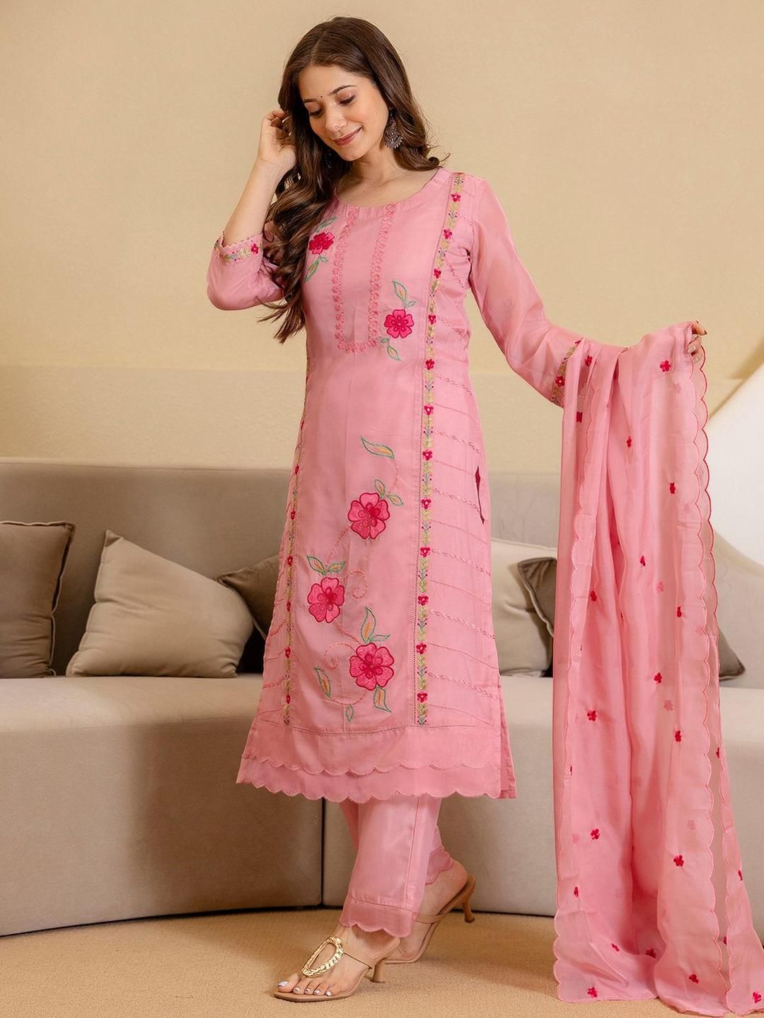 Women Floral Embroidered Straight Kurta with Trousers & Dupatta