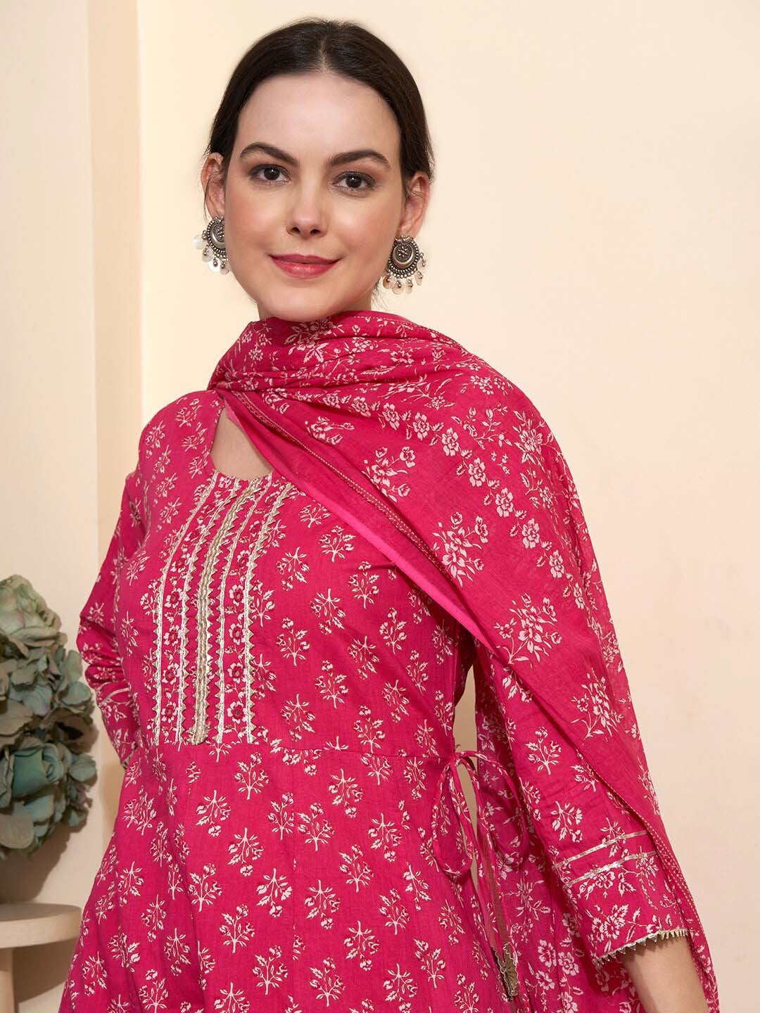 Printed & Embroidered Pure Cotton A-Line Kurta With Trouser & Dupatta