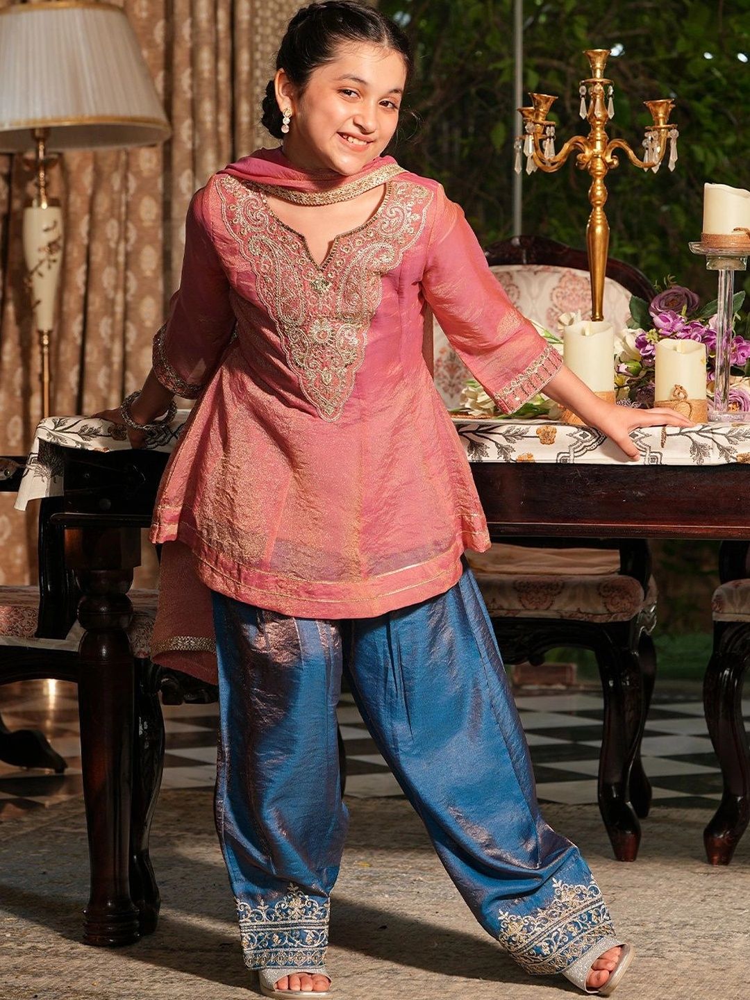 Girls Pink Silk Embroidered Peplum Kurti And Salwar Set With Dupatta