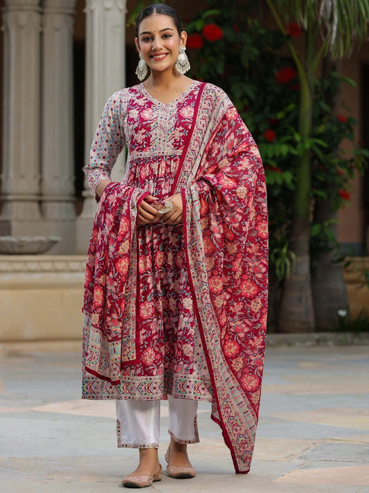 Floral Printed Pure Cotton A-line Kurta With Trousers & Dupatta