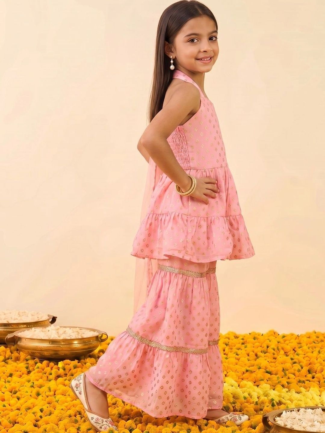 Girls Floral Printed Empire Kurta with Sharara & With Dupatta