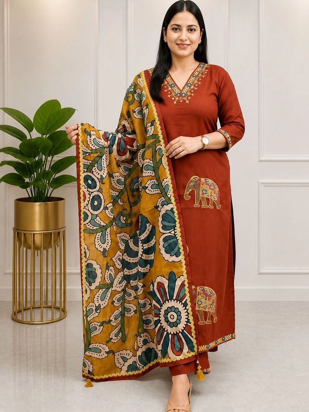 Women Ethnic Animal Printed Regular Thread Work Kurta with Trousers & With Dupatta