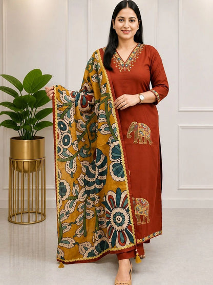 Women Ethnic Animal Printed Regular Thread Work Kurta with Trousers & With Dupatta