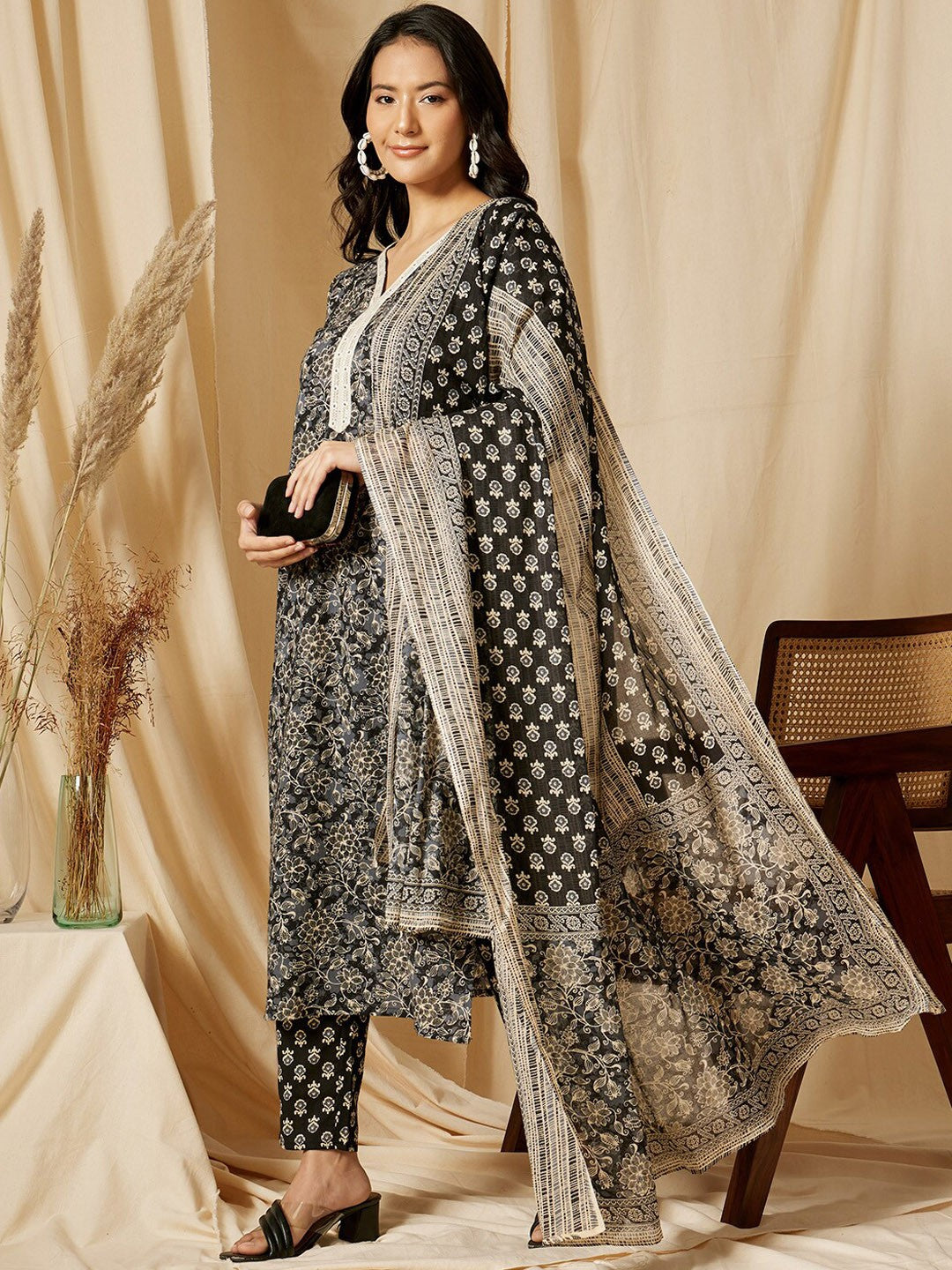 V Neck Floral Printed Pure Cotton Kurta with Trouser & Dupatta