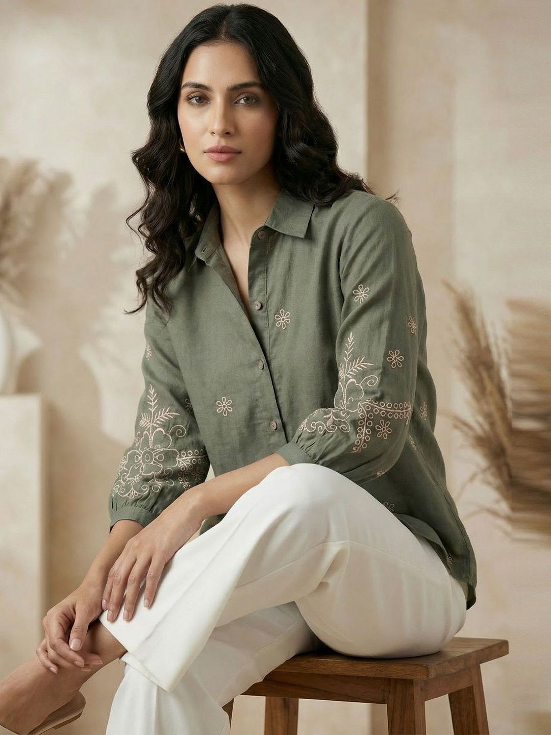 Women Shirt Collar Embroidered Tunic