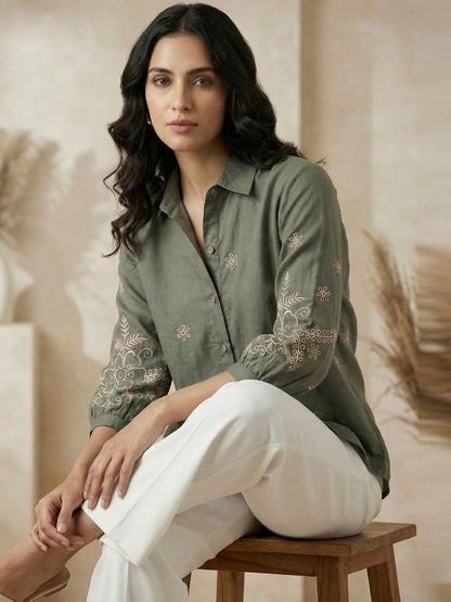 Women Shirt Collar Embroidered Tunic