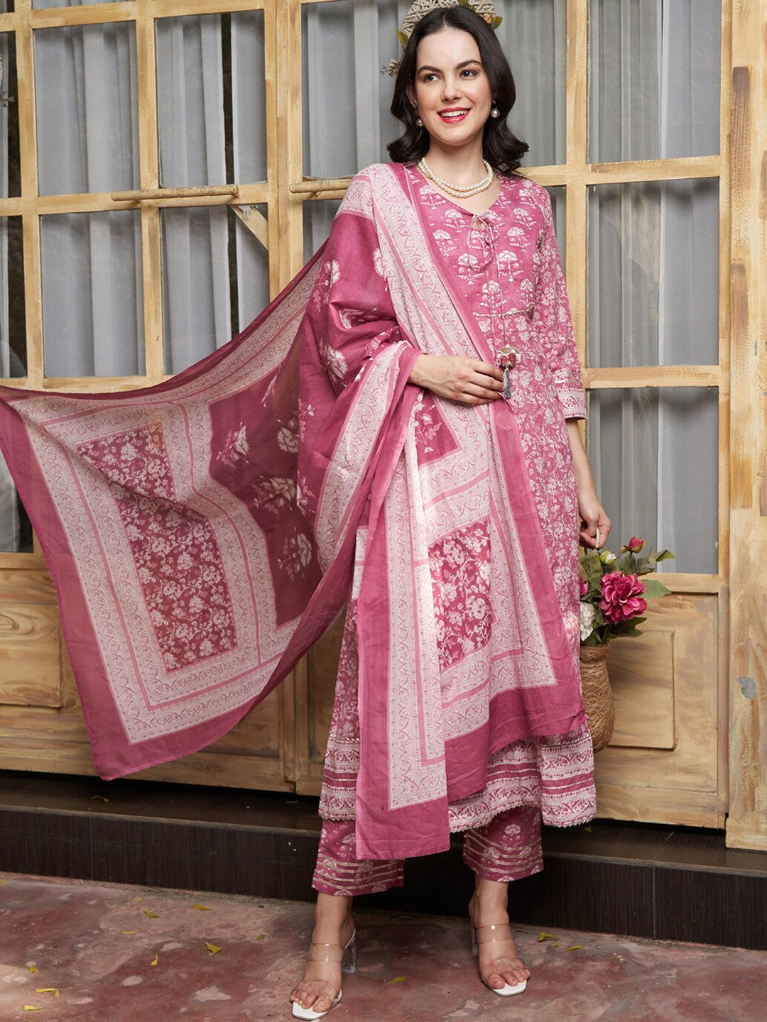 Ethnic Motifs Printed Pure Cotton Kurta with Trousers & With Dupatta