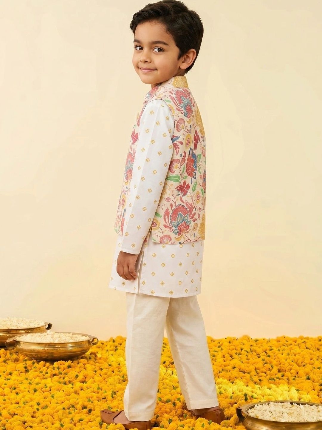 Boys Floral Printed Pure Cotton Straight Kurta With Churidar & Nehru jacket Set