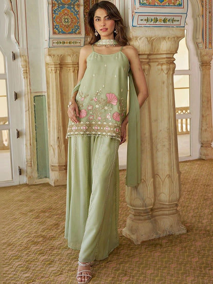 Women Floral Embroidered Regular Thread Work Kurta with Sharara & With Dupatta