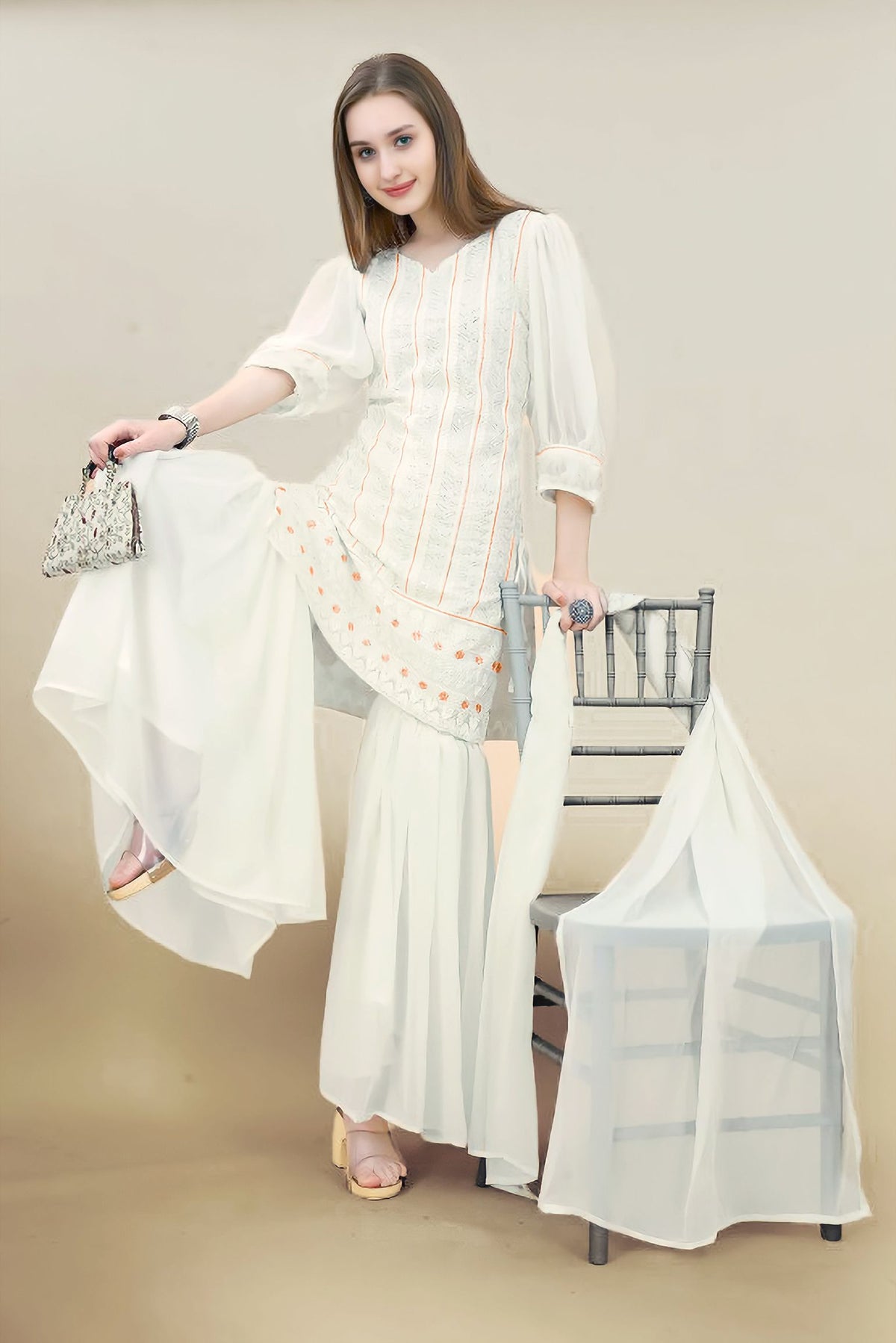 V-Neck Embroidered Sequinned Georgette Straight Kurta With Sharara And Dupatta