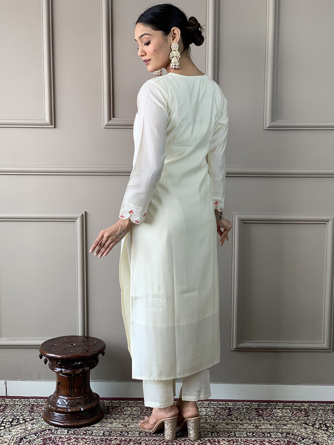 Women Floral Embroidered Regular Chanderi Cotton Kurta with Trousers & With Dupatta