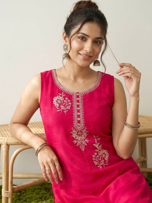Ethnic Motifs Embroidered Sequinned Chanderi Cotton Kurta with Trousers & Dupatta Set