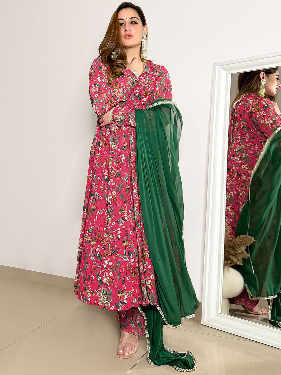 Floral Printed Kurta with Palazzo and Dupatta