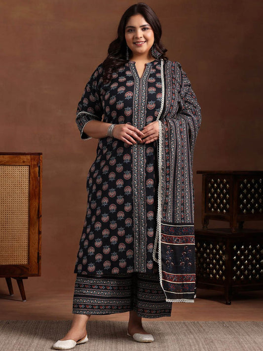 Plus Size Floral Printed Pure Cotton Kurta with Palazzo & Dupatta