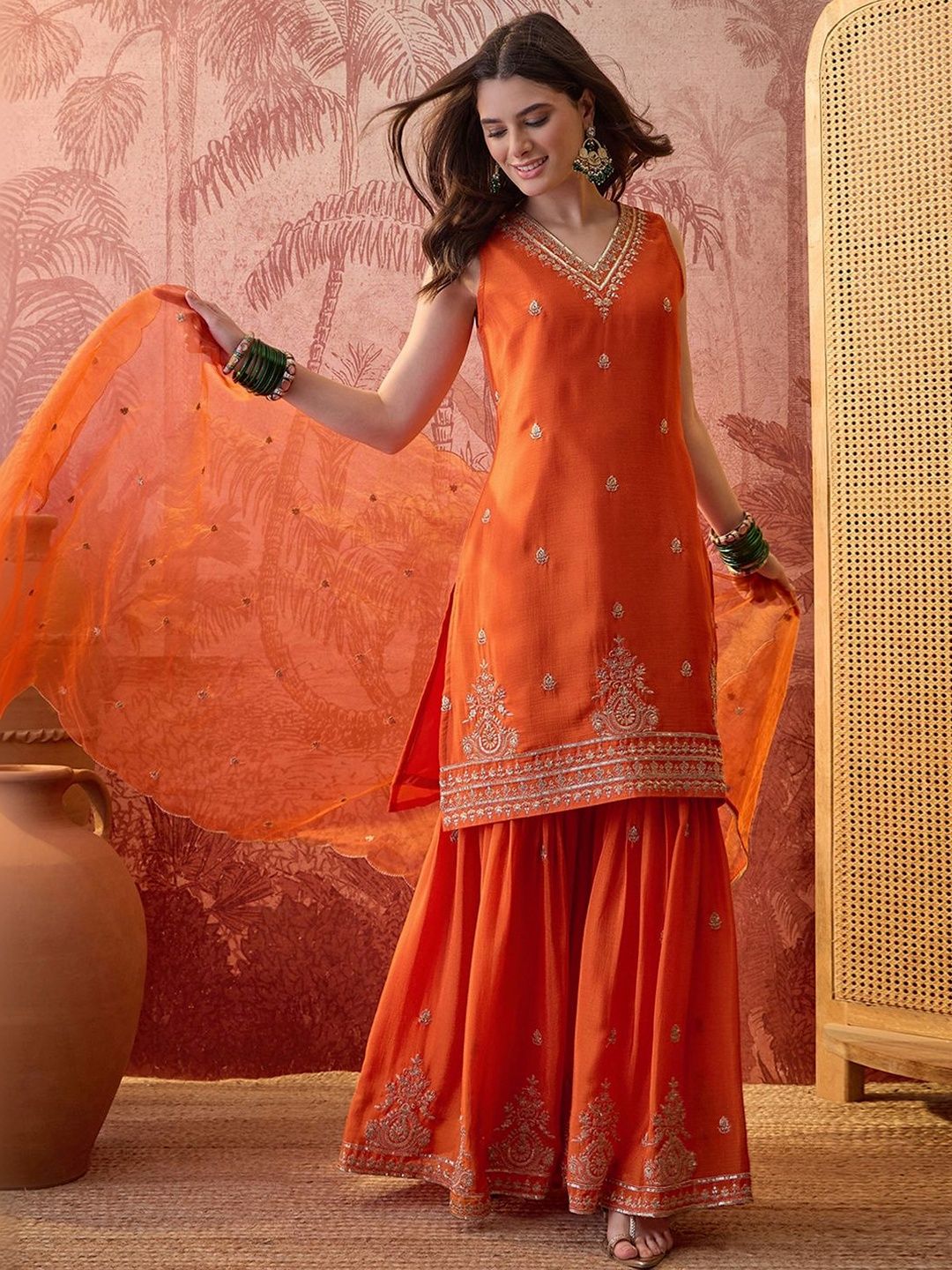 Embroidered V-Neck Kurta & Sharara Kurta Set