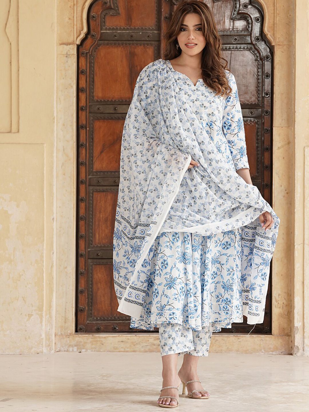 Floral Printed Gotta Patti Pure Cotton Anarkali Kurta with Trousers & Dupatta