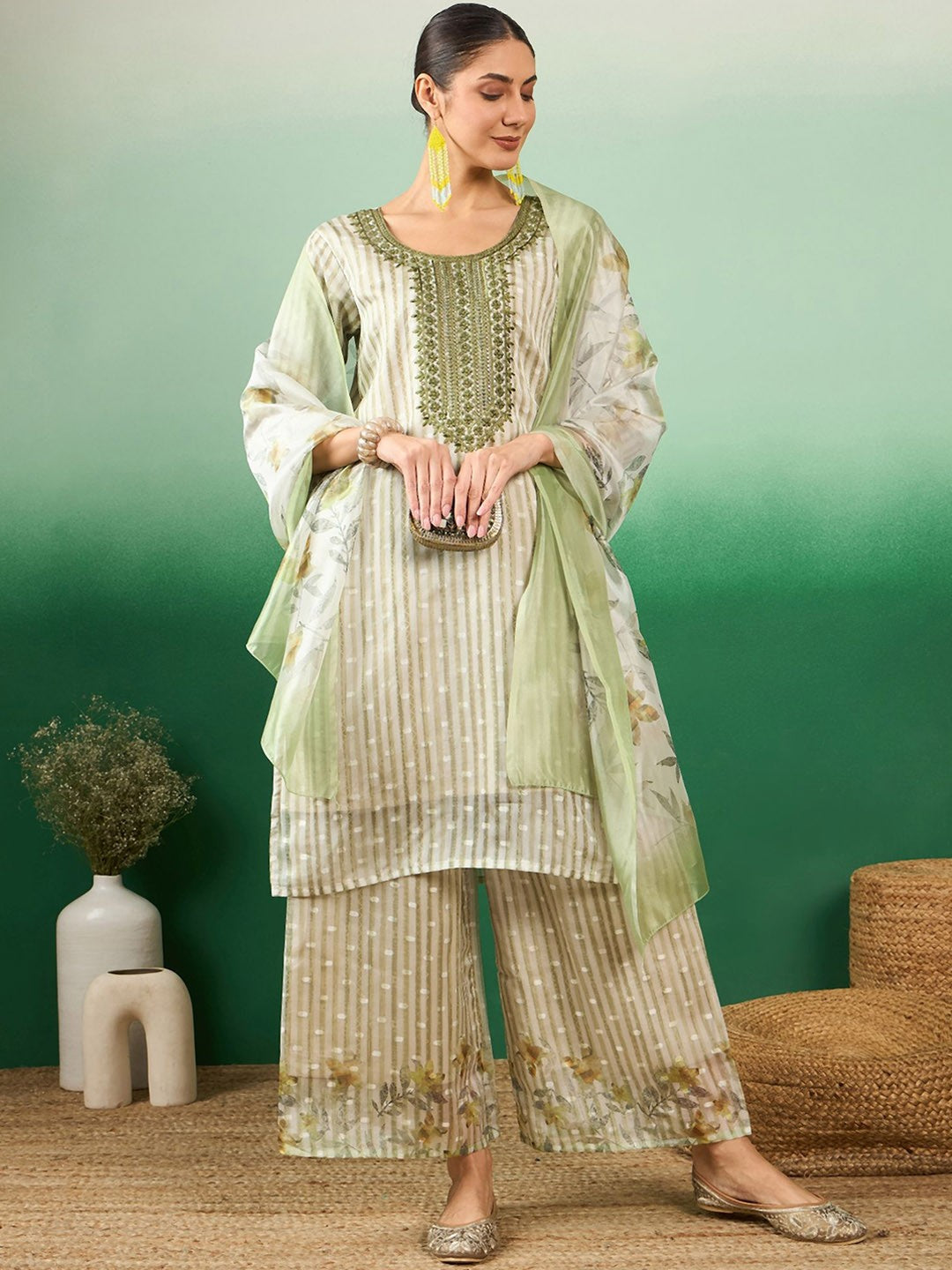 Green Striped Beads & Stones Organza Straight Kurta & Palazzos With Dupatta