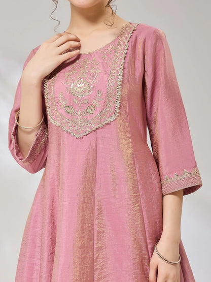 Girls Pink Embroidered Anarkali Kurti And Palazzo With Dupatta Set