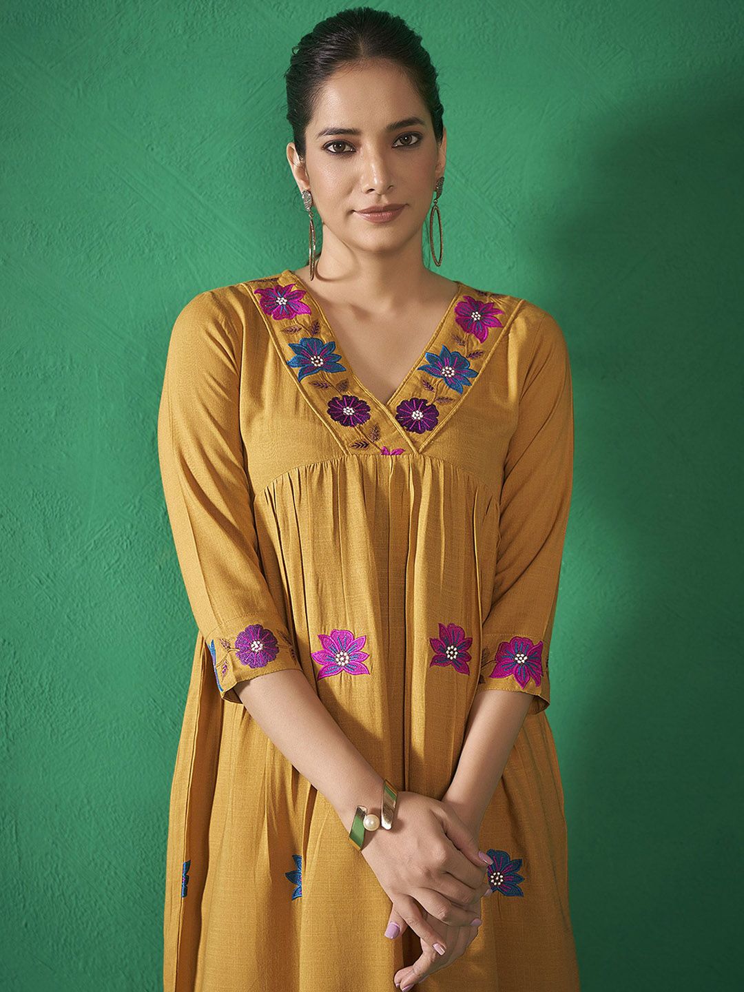 Mustard Yellow V-Neck Embroidered Liva Top With Trousers