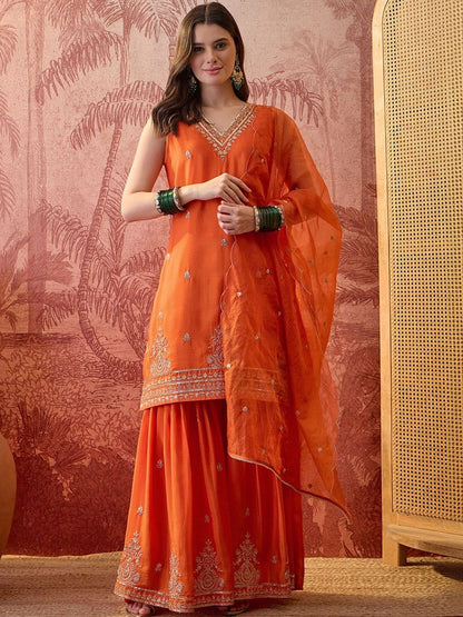 Embroidered V-Neck Kurta & Sharara Kurta Set