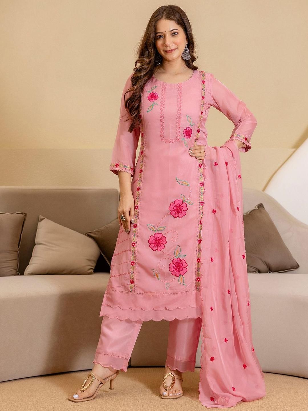 Women Floral Embroidered Straight Kurta with Trousers & Dupatta