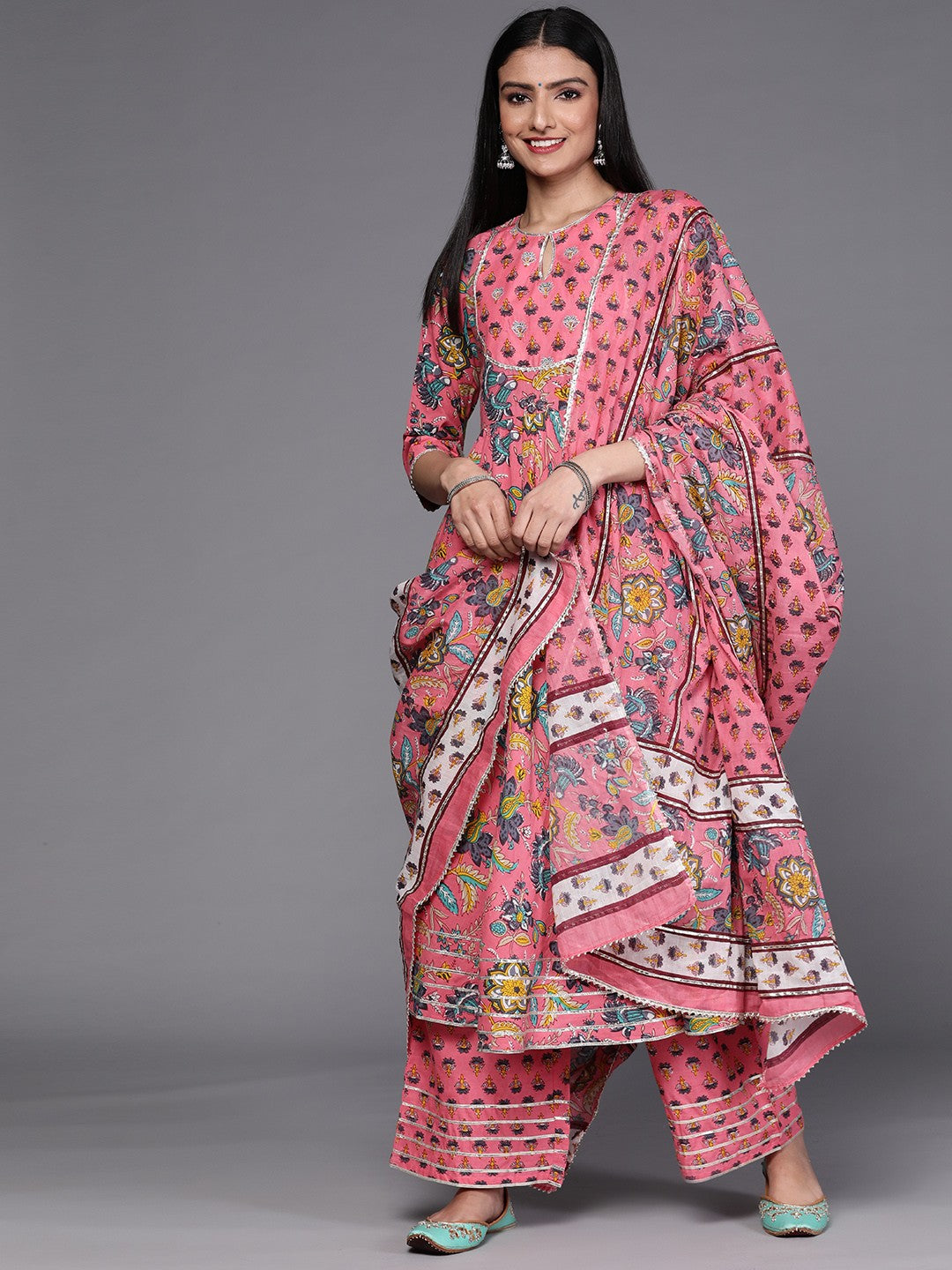 Women Pink Floral Printed Panelled Pure Cotton Kurta with Palazzos & With Dupatta