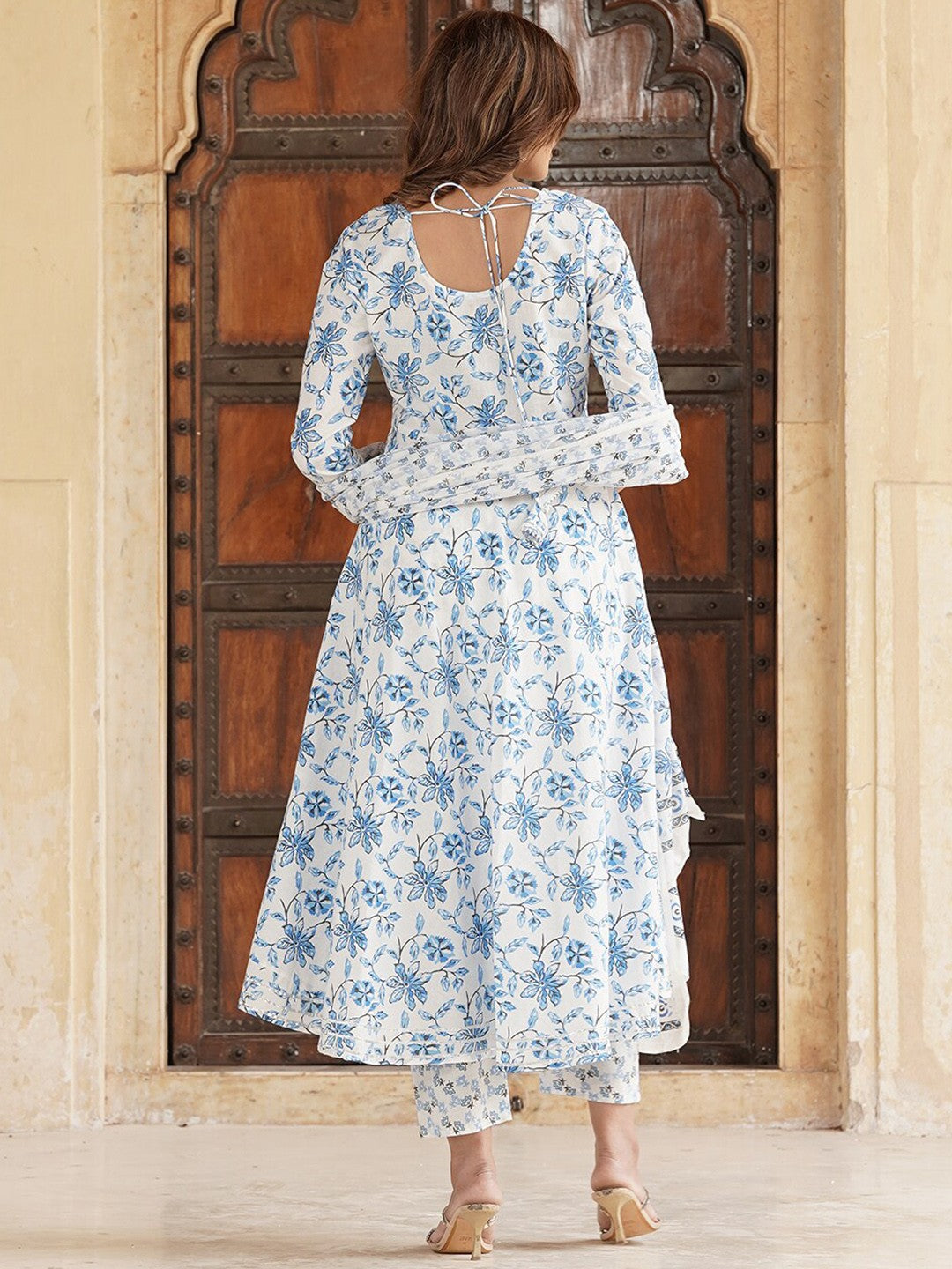 Floral Printed Gotta Patti Pure Cotton Anarkali Kurta with Trousers & Dupatta