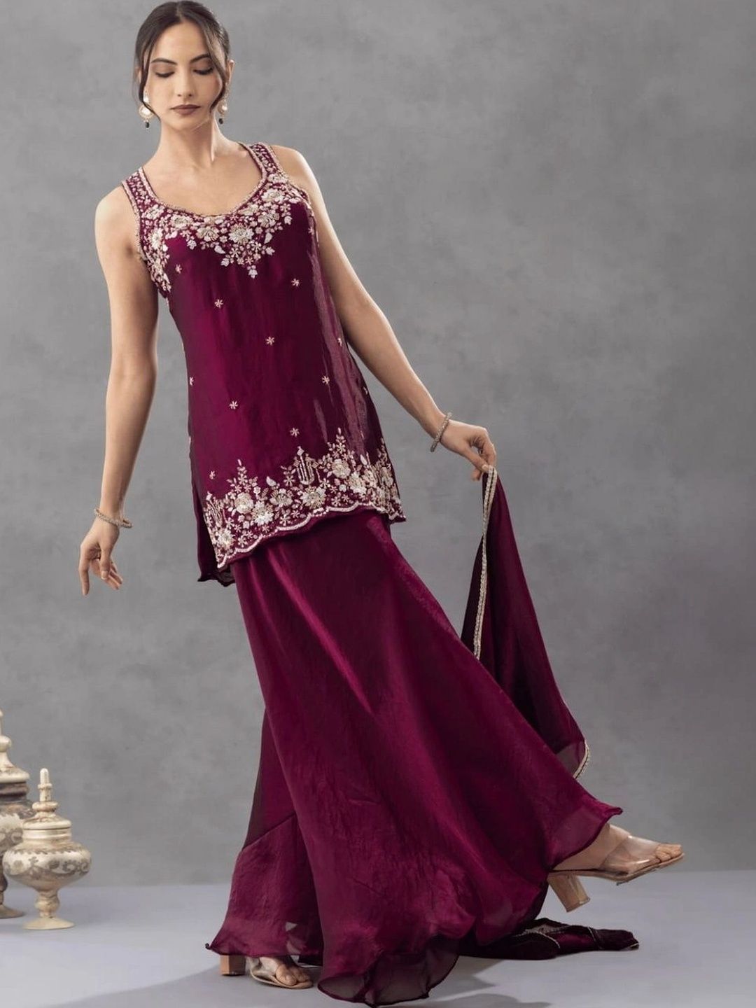 Women Ethnic Motifs Embroidered Regular Thread Work Kurta with Palazzos & With Dupatta