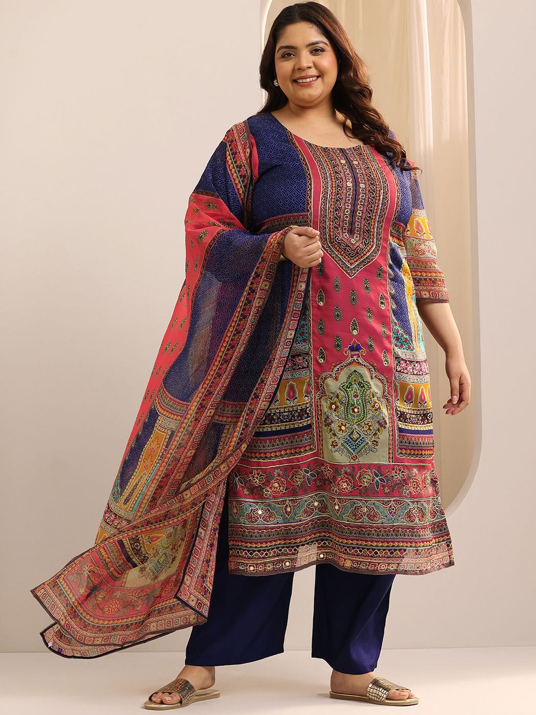 Women Plus Size Ethnic Motifs Printed Kurta with Palazzos & Dupatta