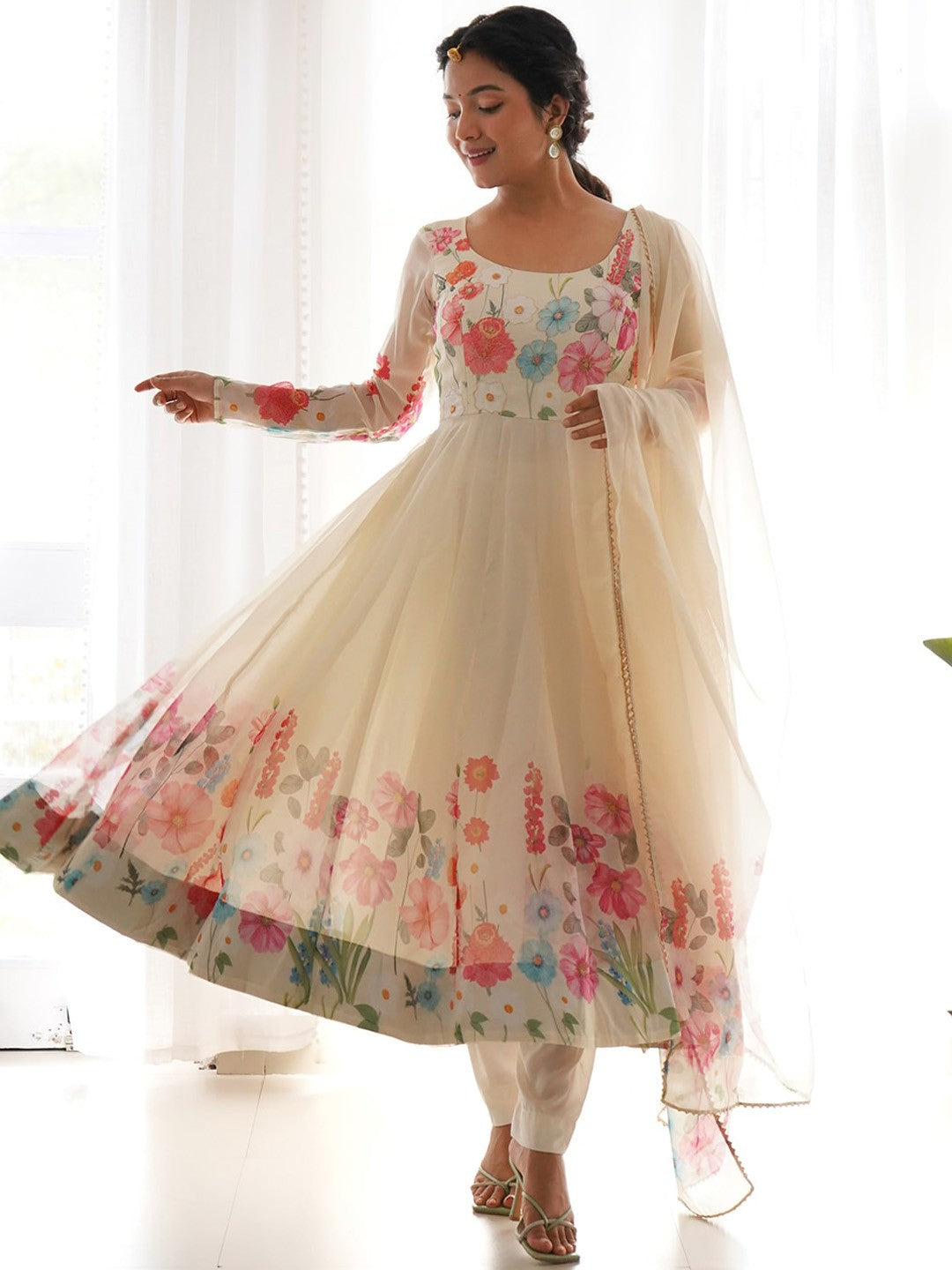 Floral Printed Silk Anarkali Kurta With Trousers & Dupatta