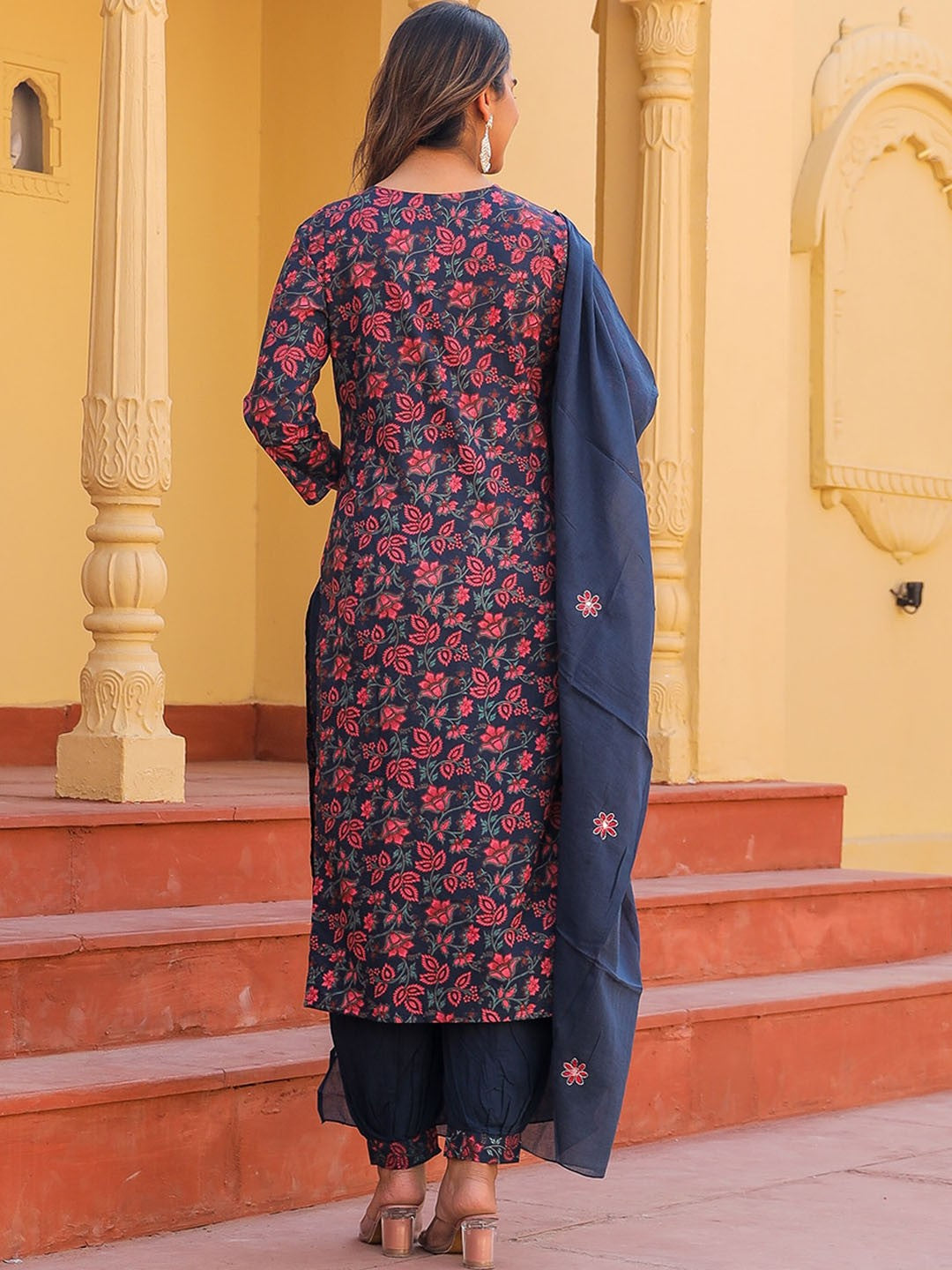 Floral Printed Thread Work Pure Cotton Kurta with Salwar & Dupatta