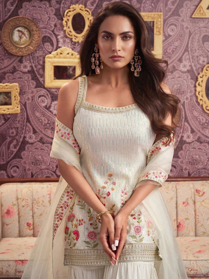 Floral Embroidered Georgette Sequinned Straight Kurti & Sharara with Dupatta