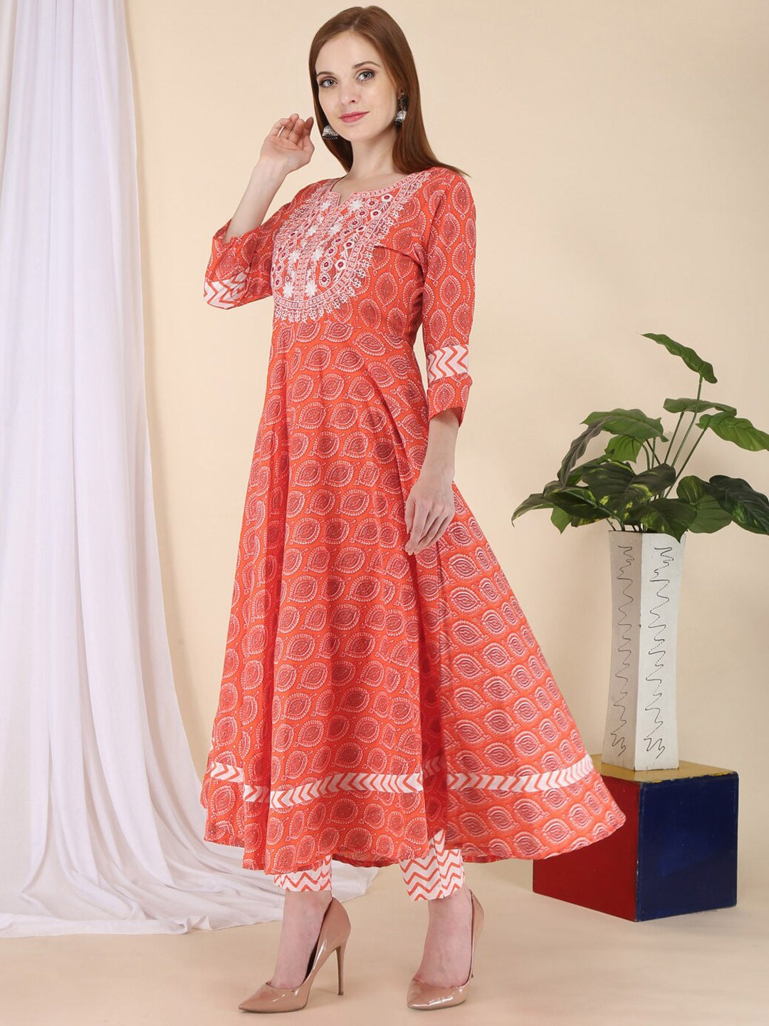 Women Peach-Coloured Ethnic Motifs Embroidered Mirror Work Pure Cotton Kurta with Trousers & With Dupatta